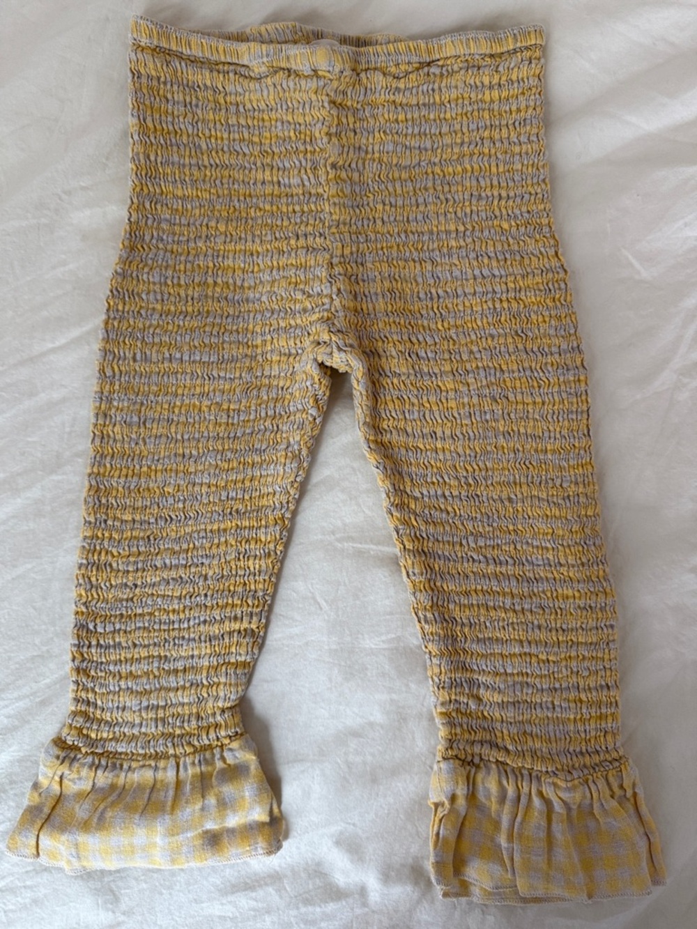 Smocked Yellow and Cream Ruffle Hem Pants